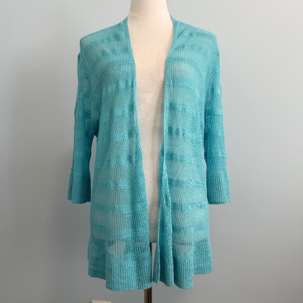 Eileen Fisher Linen‎ 3/4 Sleeve Open Front Teal Cardigan Size XL
